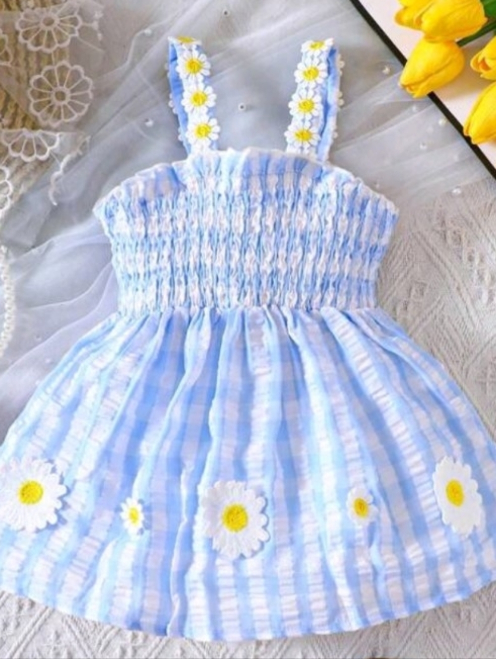 Blue Daisy Embroidered Smocked Sundress for Girls